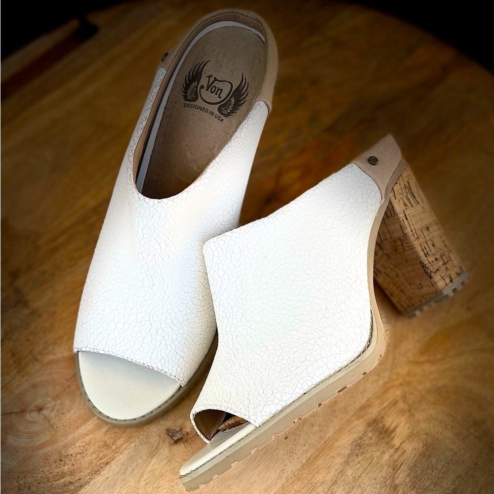 *EUC*VON DUTCH ORIGINALS Cruiser Mule Sandal Leather Corked Heels- White, sz 8 M